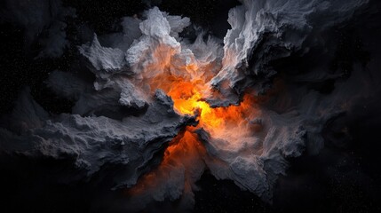 A swirling, explosive composition of gray and white smoke engulfs a core of fiery orange light against a black backdrop