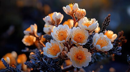 Close-up of delicate white flowers with orange centers, bathed in sunlight against a soft, dark background