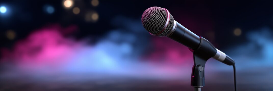 Microphone on stage illuminated by vibrant blue and magenta neon lights, creating a dynamic atmosphere for performances and events with captivating visual appeal - Powered by Adobe