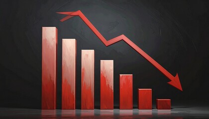 Red bar chart and line graph descending—sharp angles, dark backdrop—symbolizing decline, urgency, and the stark rhythm of financial loss, performance drop, and metric erosion.