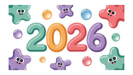 Joyful New Year's Greetings 2026: An illustration showcases the vibrant year 2026, complemented by playful, colorful shapes, and cheerful design.