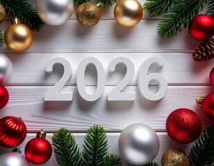 Biały napis 2026 na białych dekach otoczony kolorowymi bombkami i gałązkami świerku. Sylwester, Nowy Rok © Monika