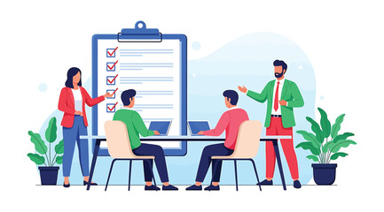 Illustration of four professionals in meeting with laptops and large checklist clipboard, symbolizing teamwork, planning, and productivity in a modern office environment with decorative plants