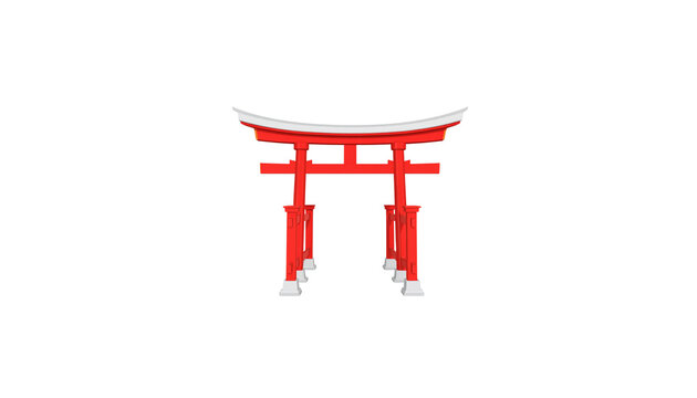 Japanese red wooden torii gate and ancient pagoda architecture isolated on white background