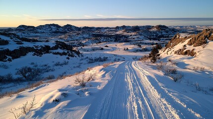 Snow-covered road leads down a hillside, through a valley, and towards distant mountain peaks under a clear sky