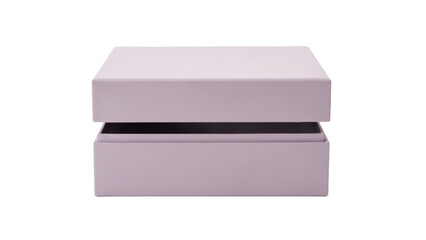 Isolated light purple gift box open with lid off. Minimalist packaging design present.