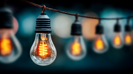 Glowing bulb filament string light bokeh night warm energy innovation idea creativity. Warm string light bulbs glow with bokeh night, symbolizing innovation and idea, inspiring creativity