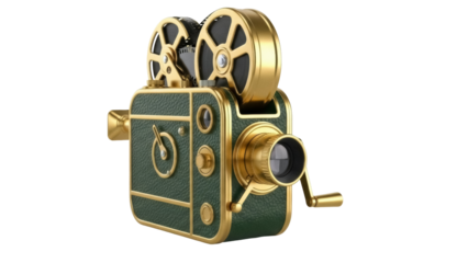 Isolated vintage-style movie camera with reel, golden trim and faux-leather finish, cinema equipment