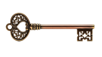 Isolated ornamented bronze antique key, concept of mystery, security, safety and nostalgia
