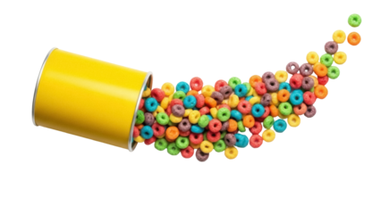 Isolated colorful cereal loops spilling out of yellow metal container in curve shape