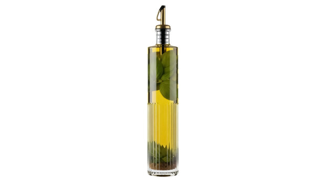 Isolated infused olive oil bottle, herbaceous flavoring, kitchen essential, gourmet product