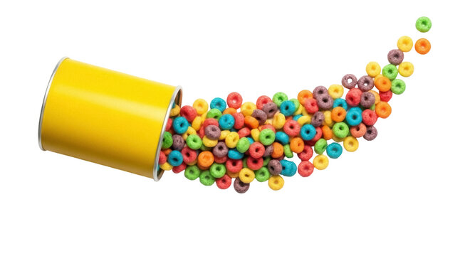 Isolated colorful cereal loops spilling out of yellow metal container in curve shape