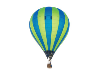 Fototapeta premium Isolated hot air balloon with green and blue vertical stripes floats in the air high above