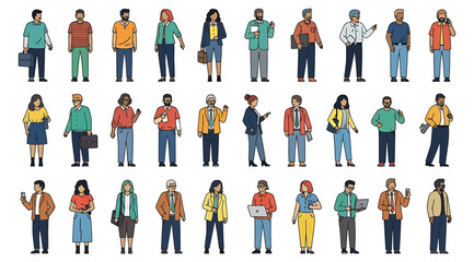 Grid of 24 illustrated casual individuals with diverse outfits, accessories, and postures, representing everyday people for use in visual storytelling, demographic design, or UI character sets