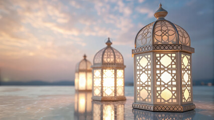 Fototapeta premium Ramadan decor visual. Elegant lanterns glow warmly at sunset, reflecting on smooth surface, evoking serene and peaceful atmosphere