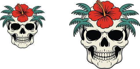 Skull illustration with hibiscus flower, tropical leaves, tattoo style, exotic design, floral skull art, vibrant contrast, macabre beauty, decorative motif