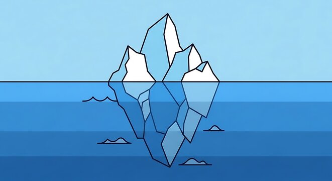 Iceberg floating in the ocean, with its reflection visible underwater.
