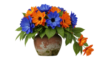 Isolated floral arrangement of bright blue and orange flowers in rustic clay vase design