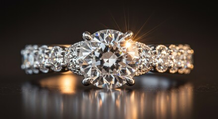 Fototapeta premium Diamond ring close up macro shot with sparkling gemstones on dark background