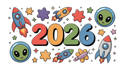 Future Voyage: A colorful illustration featuring rockets, aliens and celestial elements framing the year 2026, creating a sense of anticipation and future exploration.