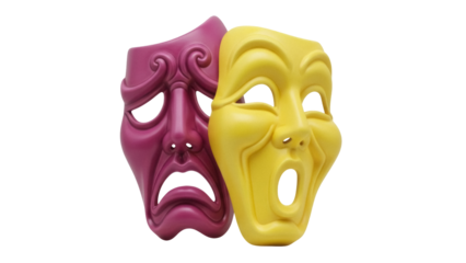 Isolated theater masks show comedy and tragedy, symbols of theater arts, expressions of emotion