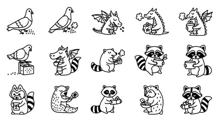 Cartoon animal characters collection in line art style for creative design
