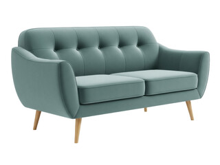 Isolated contemporary seafoam tufted couch with wood legs for a living room or lounge area