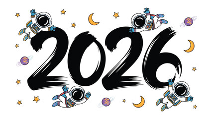 Astronauts in Space 2026: An illustration of a group of astronauts floating in space, surrounded by celestial elements, with the year 2026 prominently displayed. © Mahbuba