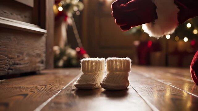 Man in Santa costume places white knitted baby bootie on wood floor for Christmas present. Winter holiday and festive gift concept.