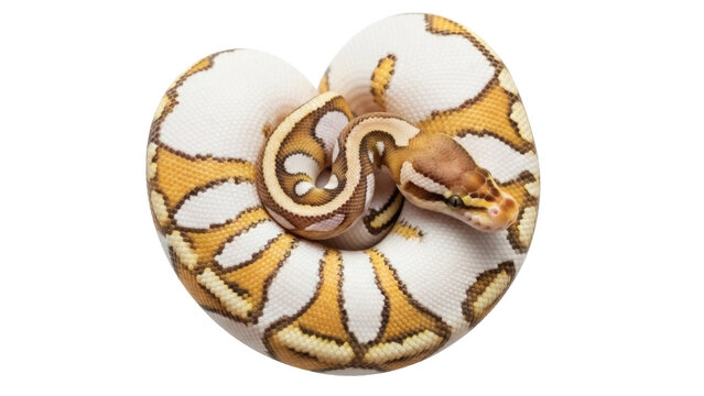 Isolated ball python, royal python, reptile, snake coiled up with beautiful yellow pattern