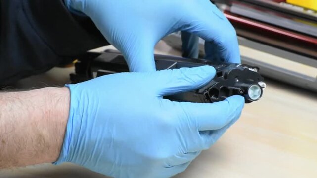 Hands-on toner cartridge repair as gears are inspected, rotated, and tested for smooth operation. Clear view of tools, components, and precise maintenance steps in action