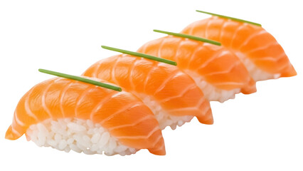 Isolated salmon nigiri sushi, raw fish on rice, Asian seafood cuisine gourmet treat