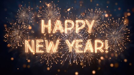 Festive Celebration with Sparkling Fireworks and Glowing Text of Happy New Year on Dark Background for Holiday Greetings and Seasonal Joyful Moments