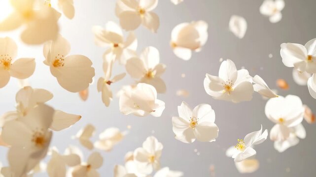 White flowers floating in air elegant white blossoms suspended weightlessly drifting gently through the open atmosphere