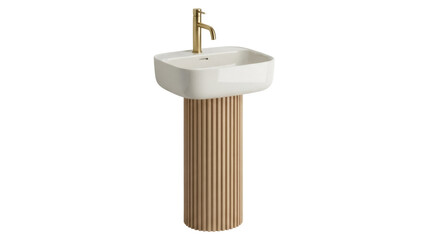 Isolated designer bathroom sink unit, minimalist basin and stand, golden tap on vanity