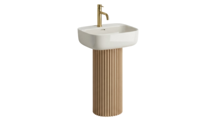 Isolated designer bathroom sink unit, minimalist basin and stand, golden tap on vanity