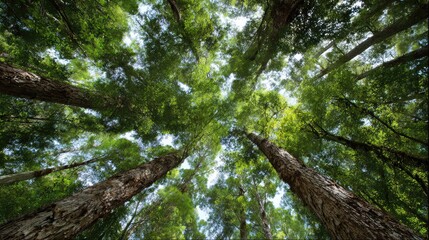 Fototapeta premium Majestic Canopy of Tall Trees in a Lush Forest with Sunlight Filtering Through Leaves and Branches, Inviting Nature Lovers to Explore the Serenity of the Wilderness