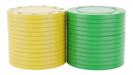 Isolated stacks of yellow and green gambling chips, casino game tokens for poker betting play