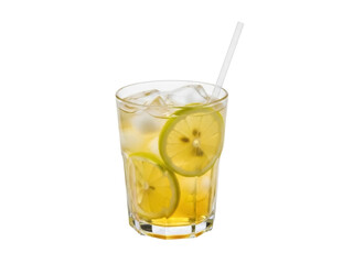 Isolated refreshing citrus drink on the rocks with straw ready to serve in drinking glass
