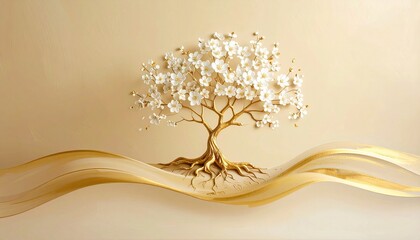 Golden tree with radiant branches and roots&mdash;white blossoms, flowing ribbons, reflective base&mdash;symbolizing elegance, vitality, and the poetic rhythm of growth, beauty, and symbolic nature.