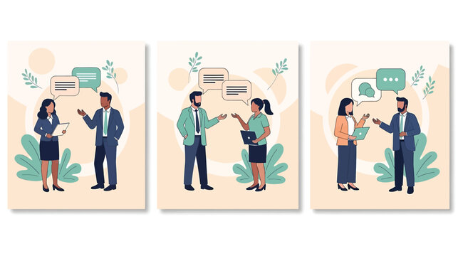 Triptych illustration of professional conversations with speech bubbles, depicting workplace greetings, dialogue, and interpersonal communication in a friendly and modern business setting