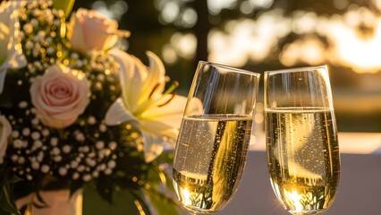 Two champagne glasses clinking together in a toast with a floral arrangement in the background during golden hour.