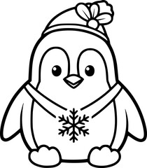 Fototapeta premium Cute penguin outline with snowflake for coloring and crafts