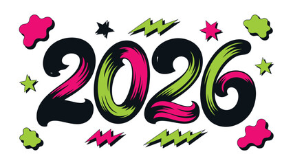 New Year 2026 Typography: A vibrant and colorful design, featuring the year 2026 in bold, artistic typography, celebrating the dawn of a new year with energy and optimism.