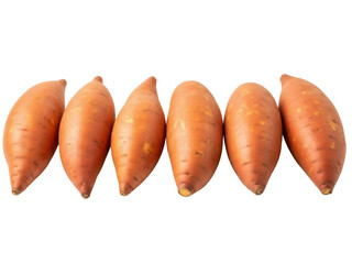 Isolated sweet potatoes in a horizontal row offer a nutritious culinary ingredient selection