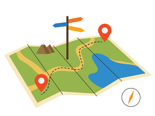 Route on the map, map with pin location and arrow direction