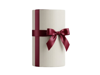 Isolated gift box with satin maroon ribbon on a light neutral background, festive package