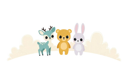 Isolated Deer Bear and Bunny Cute Cartoon Illustration Forest Animals with Big Eyes Friends