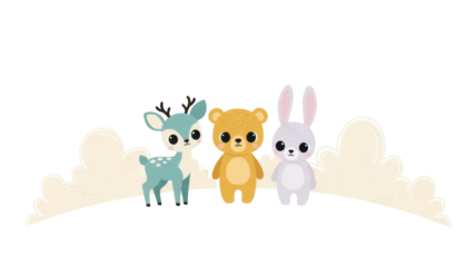 Isolated Deer Bear and Bunny Cute Cartoon Illustration Forest Animals with Big Eyes Friends