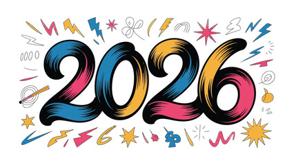New Year 2026: A vibrant and colorful graphic featuring the year 2026 in bold text, surrounded by playful illustrations, setting a cheerful tone for the upcoming year. 